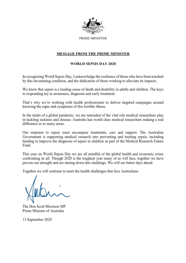 At vise Boghandel Modtager Australian Prime Minister Letter WSD 2020_001 - Australian Sepsis Network